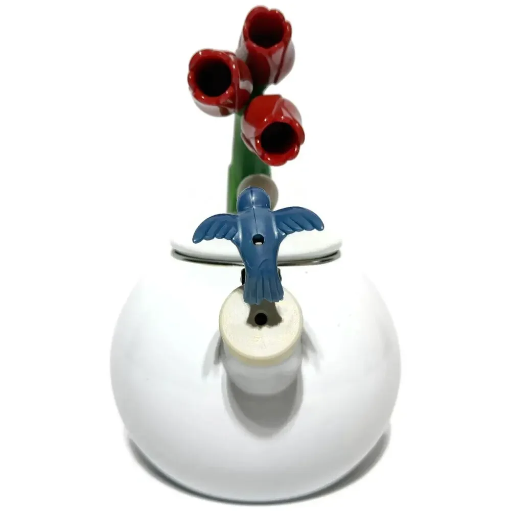 Ancona White Enamel Whistling Tea Kettle Hummingbird Red Tulips Vintage 1990s